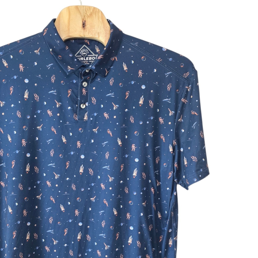 Burlebo Mens 2XL Space Astronaut Performance Polo Shirt Navy Blue Short Sleeve